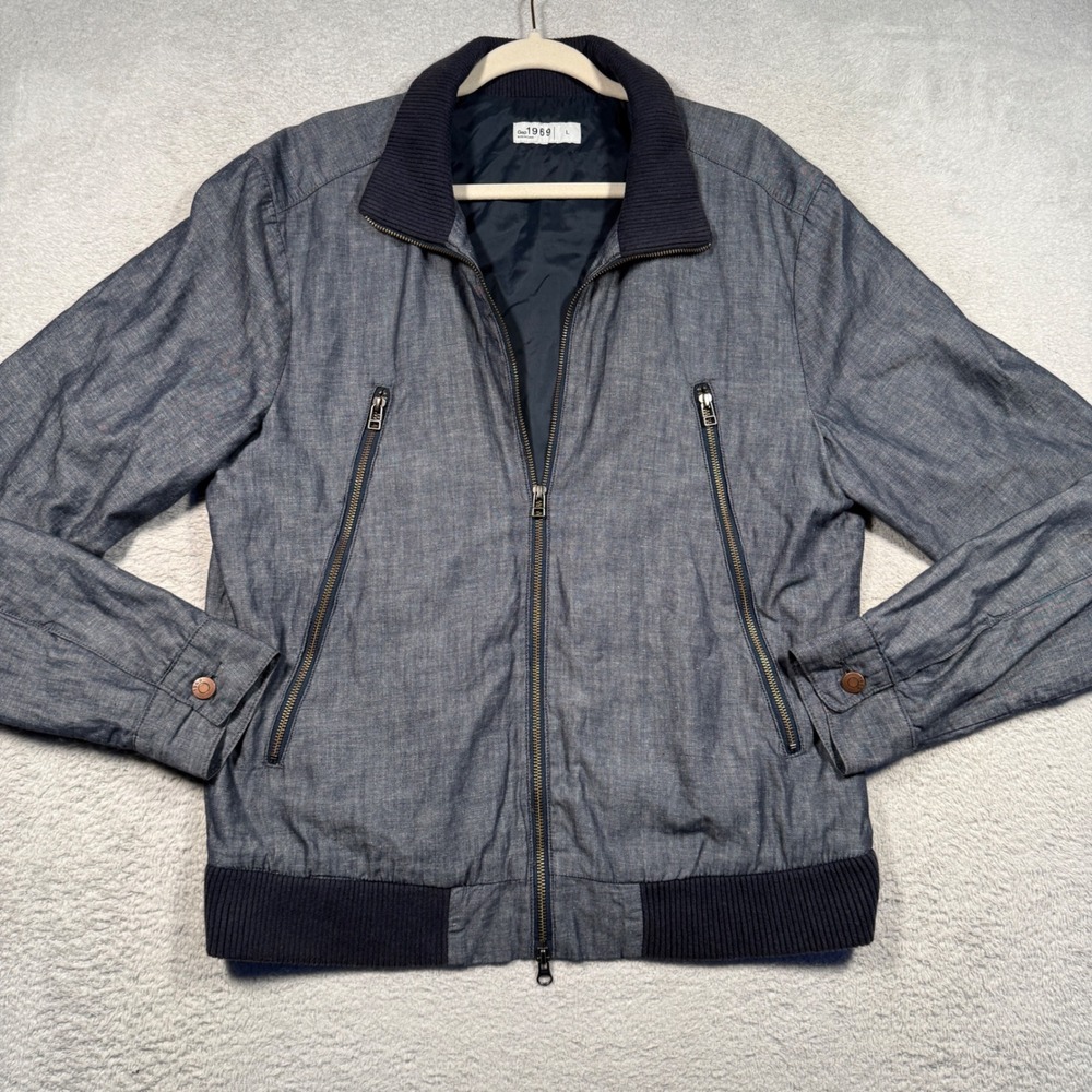 Gap 1969 Jacket Mens Large Blue‎ Linen Cotton Blend Retro Bomber Lightweight
